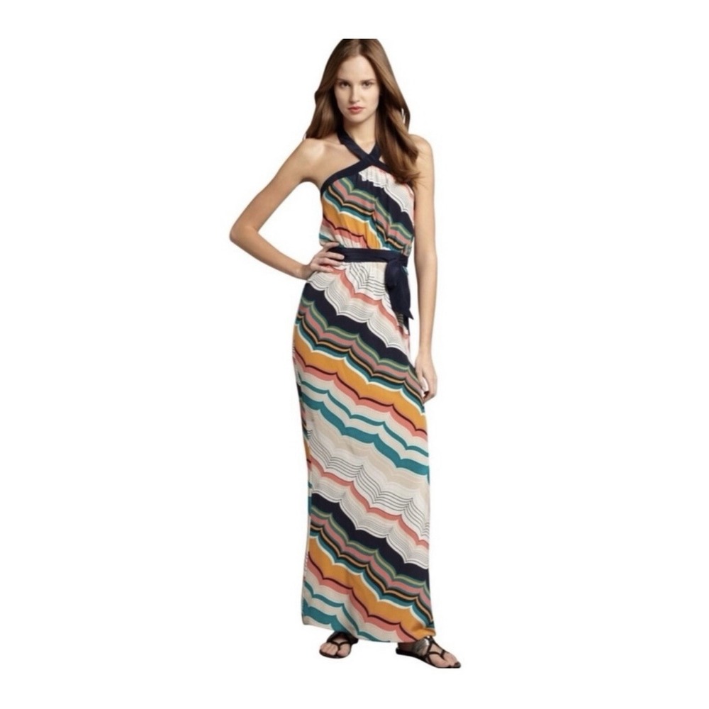 Trina Turk Silk Maxi Dress Halter Abstract Wave Print Retro Boho Resort Size 0